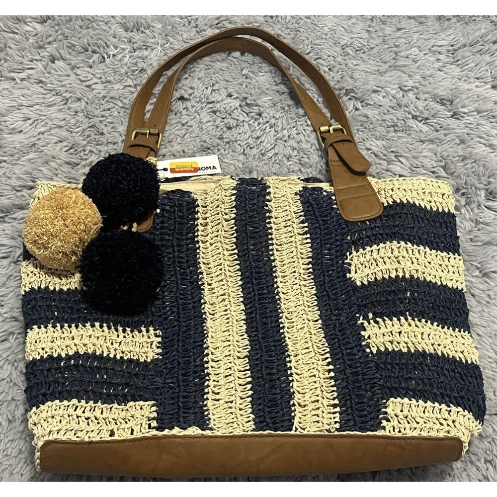 Sonoma Goods For Life Tote Hobo Bag Pom Poms Striped Blue Paperstraw Limited